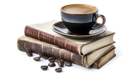 Freshly brewed coffee and a stack of books on a white background