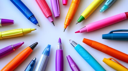 Fototapeta premium Brightly colored pens and notebooks scattered on a clean white background