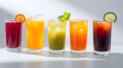 Vibrant juices in clear glasses, on a white surface
