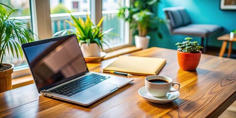 Fototapeta premium Modern office workspace with laptop, notepad, and coffee cup on wooden desk, minimalist design