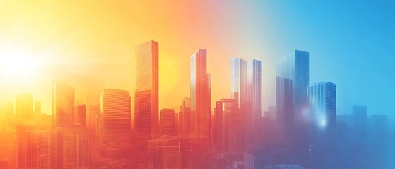 Fototapeta premium Skyline of a city with a vibrant sunset and sunrise.