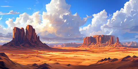 Beautiful Desert Landscape with Dramatic Rock Formations and Cloud-filled Sky
