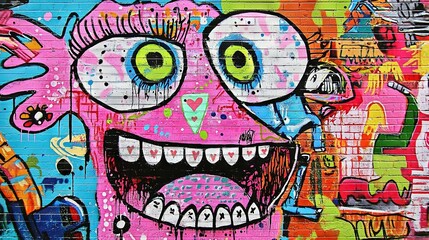 Obraz premium A pink monster with big eyes and a smile adorns the brick wall in a painting