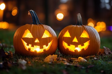 Obraz premium Two smiling Halloween pumpkins on grass with lights at night