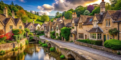 Fototapeta premium Picturesque Castle Combe Village in England Showcasing Traditional Stone Houses and Scenic Landscape