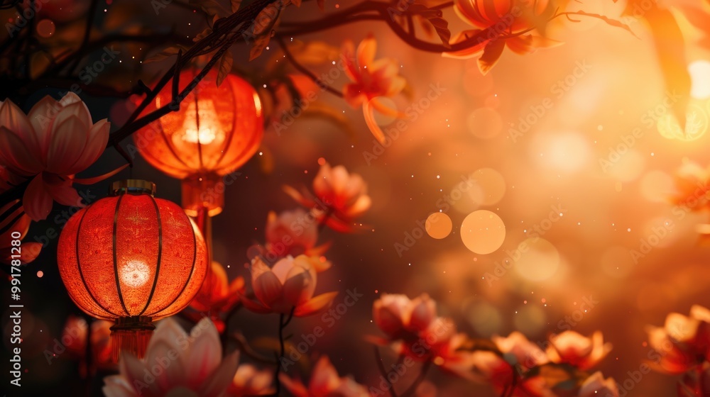Poster A bunch of red lanterns hanging from a tree branch, adding a pop of color to the scene