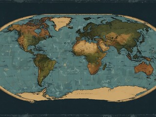Retro-styled world map with detailed oceanography.