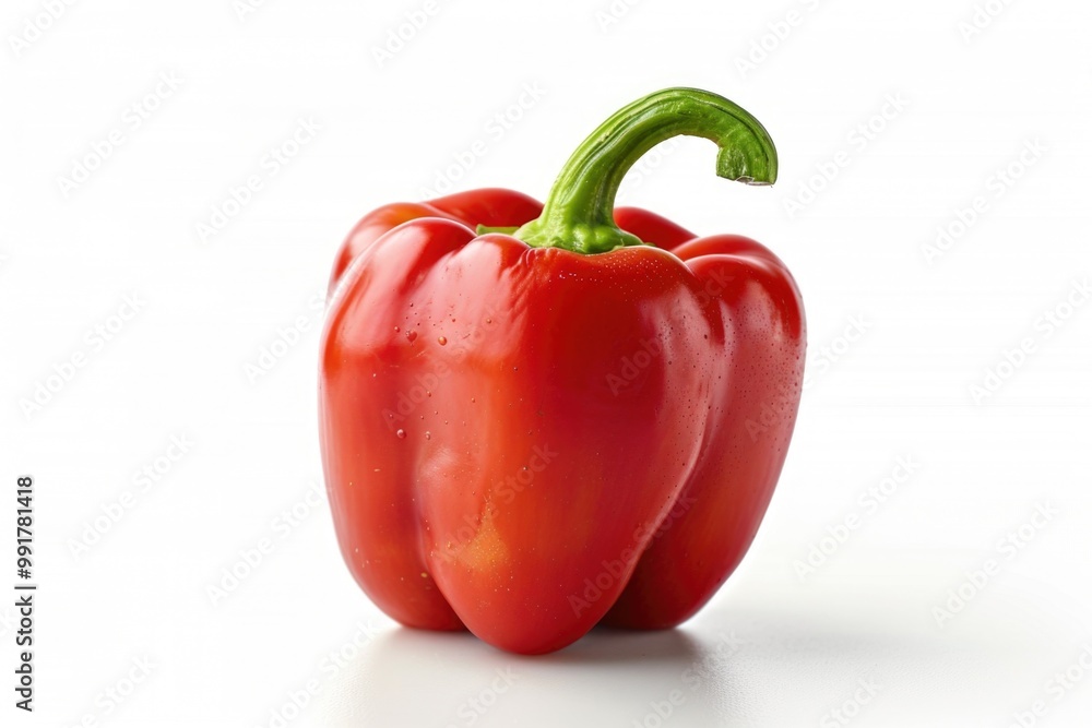 Poster a single red pepper with a green stem on a white surface, suitable for use in cooking or culinary il