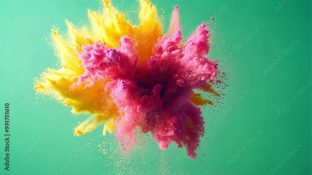 Poster yellow and pink powder exploding and creating a big colorful cloud on a green screen background, per