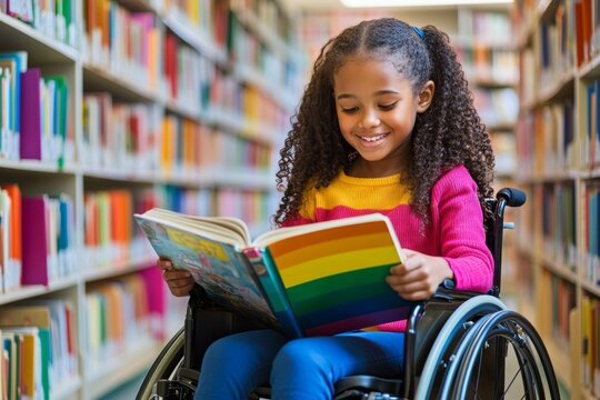 Happy young disabled student in wheelchair joyfully reading a book in a diverse library during class time