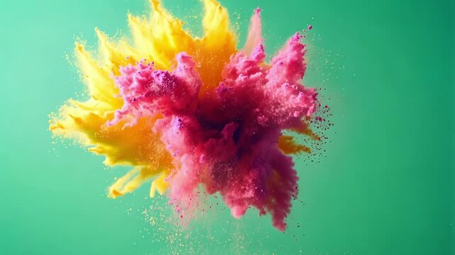Yellow and pink powder exploding and creating a big colorful cloud on a green screen background, perfect for compositing