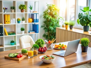 Professional nutritionist office with healthy food, diet plans, and consultation materials on desk