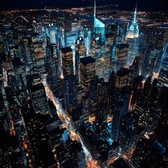 Fototapeta premium New York city lights shining brightly in aerial view image