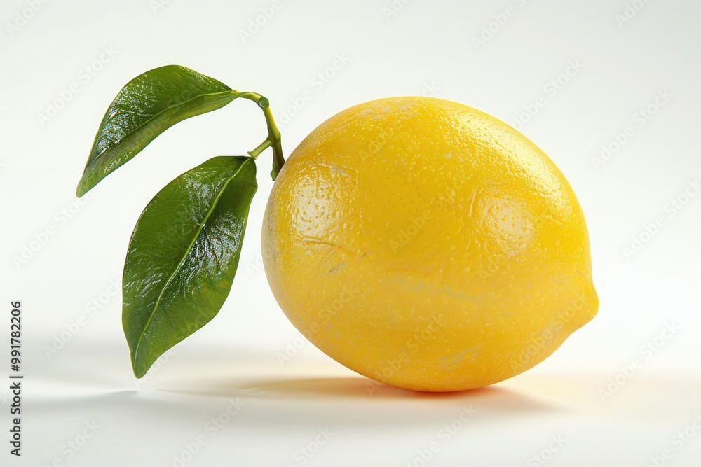 Poster a single lemon with a leaf placed on a white surface