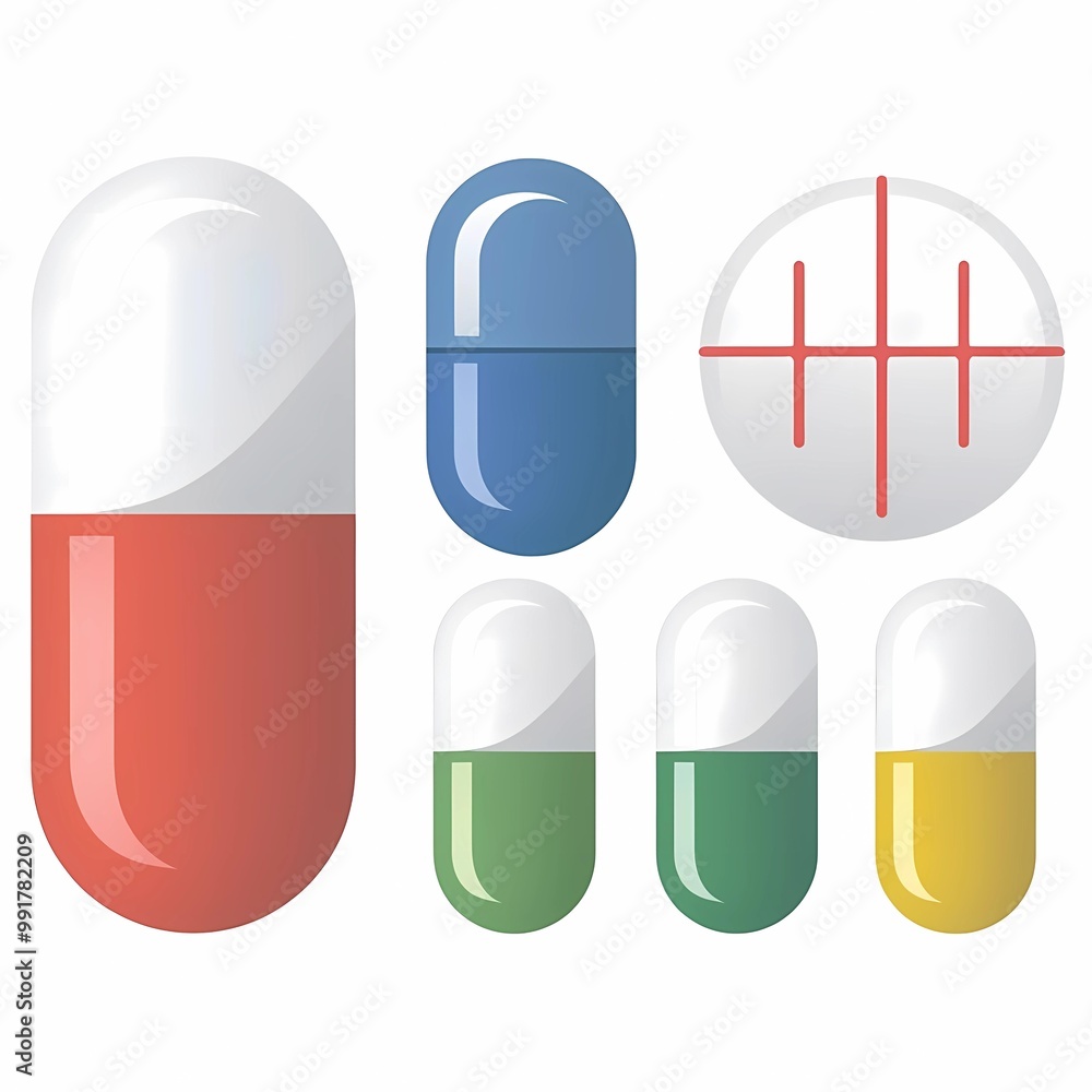 Poster a set of icons of pills of various shapes and color with white background