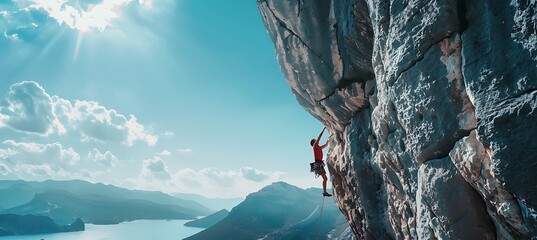 A determined mountaineer ascends a steep, rugged mountain slope, showcasing the challenge and perseverance required to conquer nature's towering peaks