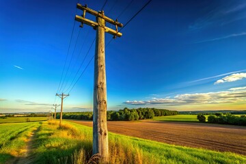 Rustic and weathered wooden utility pole standing tall against a clear blue sky in rural landscape