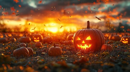 Naklejka premium A group of Jack-o'-lanterns pumpkins in a field of grass with bats flying in the sky behind them