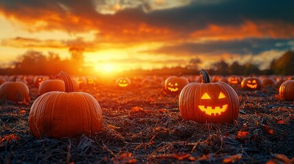   A cluster of pumpkin carvings atop a green field under a descending sun