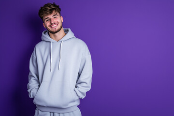 Student in hoodie and sweatpants against purple background with confident smile