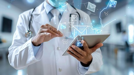 Doctor makes sending email, Concept of Doctor touching email icon on technology interface.