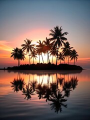 Silhouetted palm trees reflected in calm water at sunset.