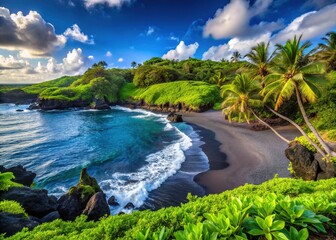 Obraz premium Scenic View of Black Sand Beach and Lush Landscape at Waianapanapa State Park, Maui, Hawaii
