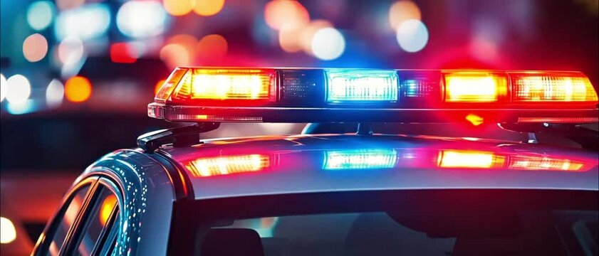 Police siren of car for emergency service at accident scene. Red and Blue Flashing Police Car Light Bar 4k video. Police officer flashes a light on roof of patrol car