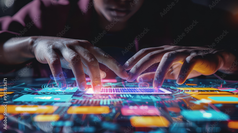 Poster man using smartphone with colorful mobile apps on virtual screen, digital software technology develo