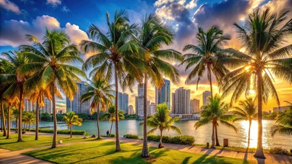 Obraz premium Scenic View of North Miami Beach Florida with Sunny Skies and Tropical Palm Trees in Background