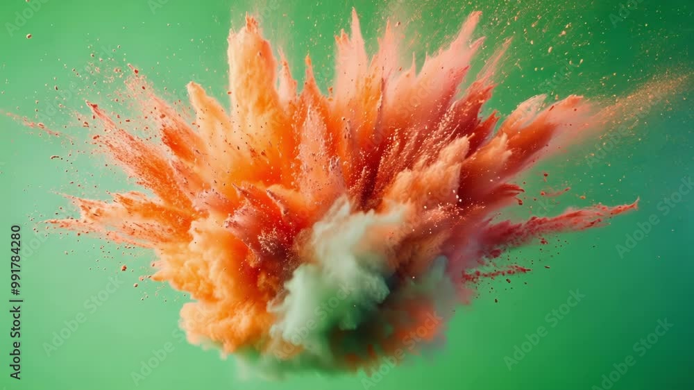 Poster orange powder exploding on a green screen background, creating a big cloud of dust. perfect for comp