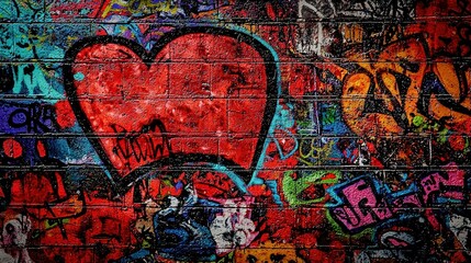 Obraz premium A red heart adorns the brick wall, surrounded by intricate graffiti artwork