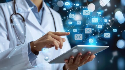 Doctor makes sending email, Concept of Doctor touching email icon on technology interface.