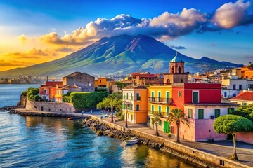 Scenic View of Torre del Greco with Vesuvius in the Background and Colorful Coastal Architecture