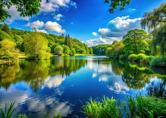 Fototapeta premium Scenic view of tranquil lake surrounded by lush greenery under a bright blue sky during daytime