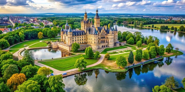 Scenic view of Schwerin Castle surrounded by lush greenery and serene waters in Mecklenburg-Vorpommern