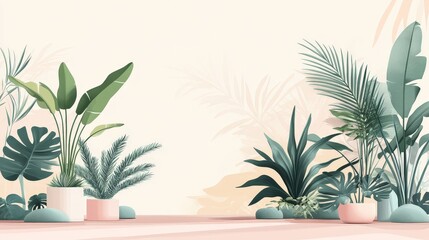 Serene Tropical Minimalism - 2D Vector Illustration of Lush Plants in Textured Interior with Soft Pastel Background