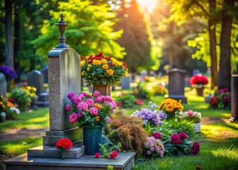 Fototapeta premium Serene Cemetery Scene with Beautiful Headstone Surrounded by Lush Greenery and Colorful Flowers