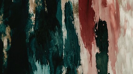   A wall with three colors , two black and white paintings on either side