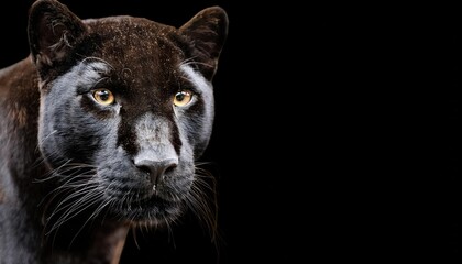 Front view of Panther on black background. Wild animals banner with copy space. Predator