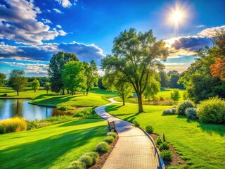 Fototapeta premium Serene Landscape of Chace Park with Lush Greenery and Inviting Walking Paths Under Clear Blue Sky