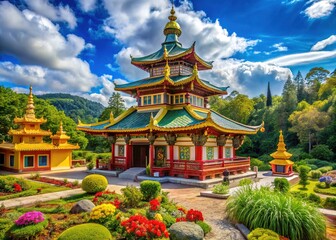 Fototapeta premium Serene Spiritual Landscape Featuring an Idyllic Shrine and Divine Symbols of Faith and Worship