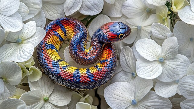   Colorful Snake on Green Field with White Flowers