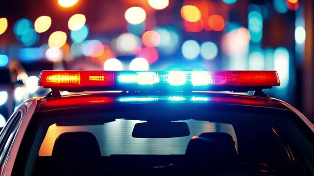 Police siren of car for emergency service at accident scene. Red and Blue Flashing Police Car Light Bar 4k video. Police officer flashes a light on roof of patrol car