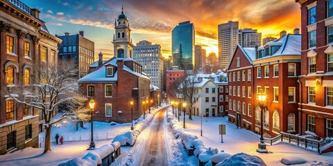 Fototapeta premium Serene Winter Scene of Boston with Snow-Covered Streets and Historic Architecture in Frosty Light