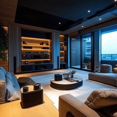 A high-tech living room with an immersive home theater system