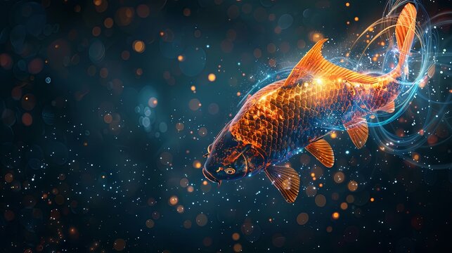 Image of the Pisces zodiac symbol featuring fish and stars against a black background