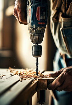 Carpenter drilling into wood, close-up on power tool and sawdust