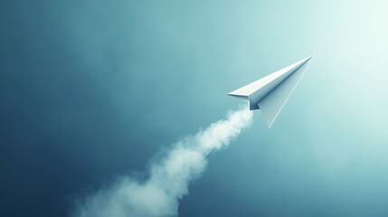 A white paper airplane soars through the blue sky, leaving a trail of white smoke behind it.