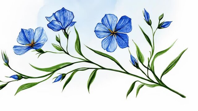 A watercolor painting of flax blossoms with green stems